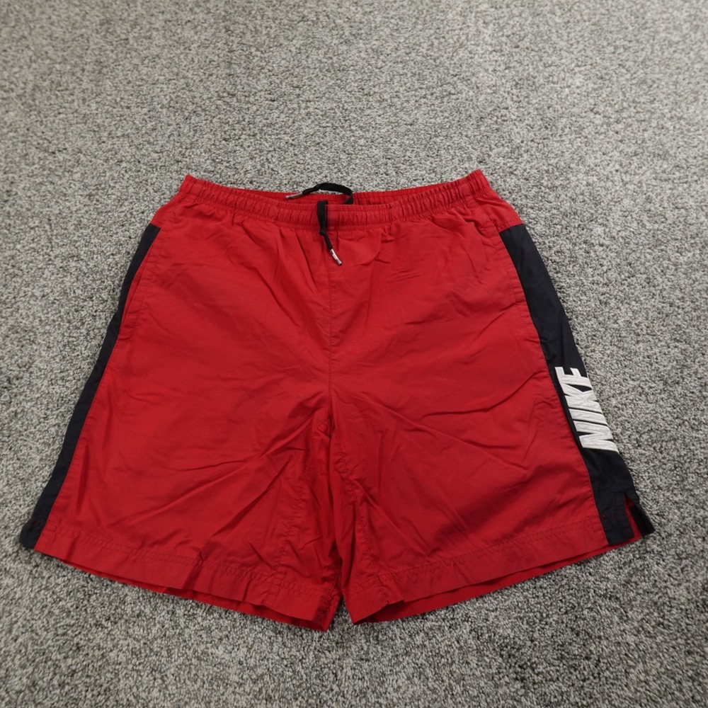 VTG Nike Shorts‎ Mens M Red Swoosh Lined Windbreaker Board Trunks Drawstring Y2K